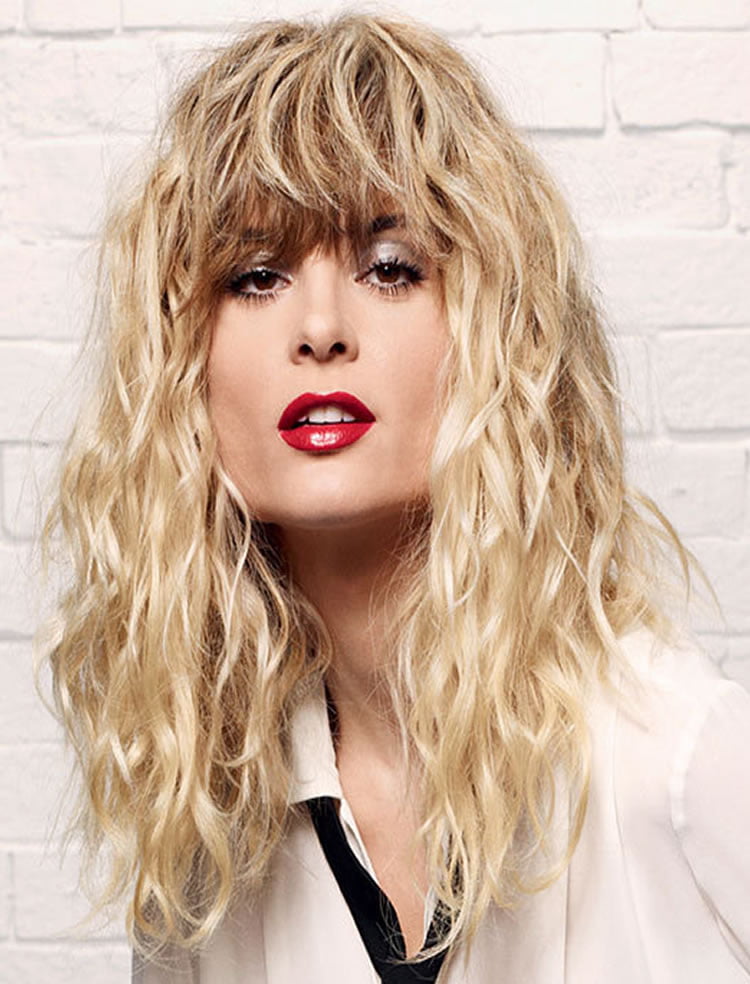 Blonde long perm hair with bangs 2017